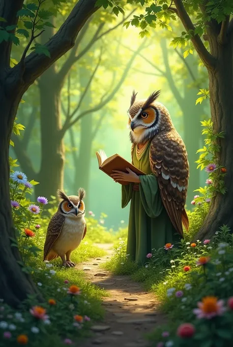  An enchanting scene in the green forest .  Two owls .  A small cleft and a larger one the mother worried about .  An open book in front of her .  Perlia, The Druid ,  walks among the trees with a book in her hand surrounded by colorful flowers.  The soft ...