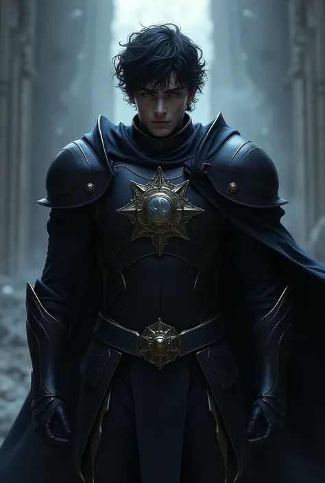 Take me a picture on the chest of a black uniformed semi-knight in armor with a sun moon emblem, about a man with dark curly hair ,  thin muscular 8 plaid blue eyes 