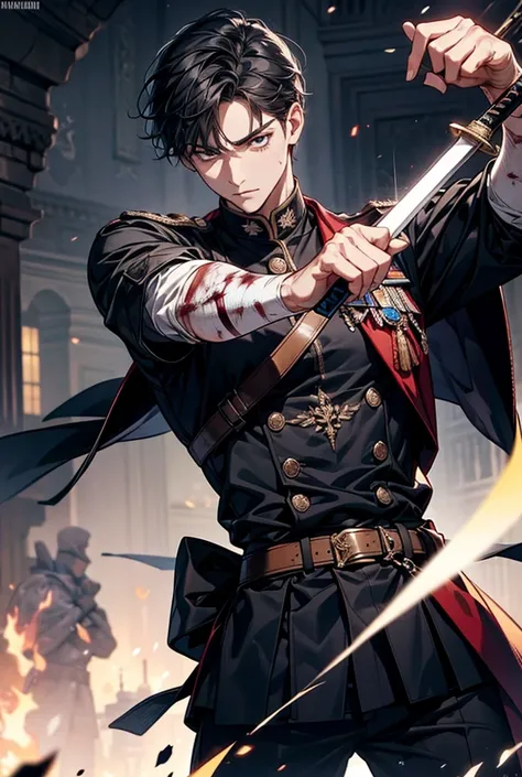  A tall black-haired guy ,  battlefield around him ,  in his hands hes holding a long sword made of darkness, and hes a wounded, также онивоадеет магией тьмыВысокое разрешение, Реалистичная анатомия, 