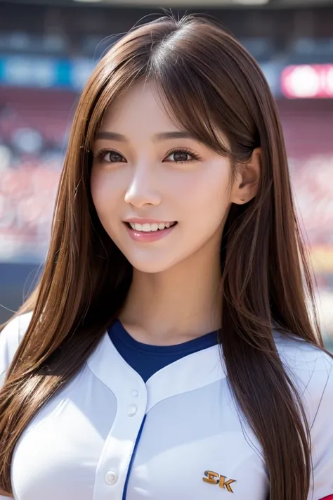  super detailed , bright color,(8k:1.5),Masseter muscle part, very beautiful and detailed face and eyes ,Age 25, チアガール( Stylish Outfit ),  mature woman, /(Brown Hair/) ,  (Laugh brightly),  latex uniform 、 outdoor, audience,(Baseball Stadium), Beautiful br...