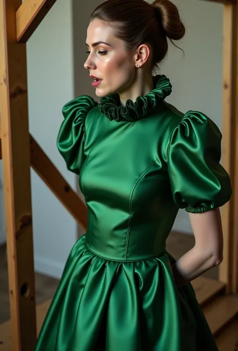 (realistic photograph close up sideways victorian cheerful) (a big bust slender waist pleased beautiful sexy looking model having an orgasm with (Gibson girl bun)), (she is wearing (an exaggerated elaborate shiny green silk tight high neck dress with (extr...