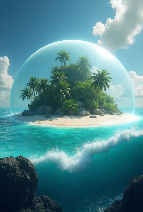 A tropical island , which is surrounded by a magical dome,  as waves crash against the invisible barrier.

