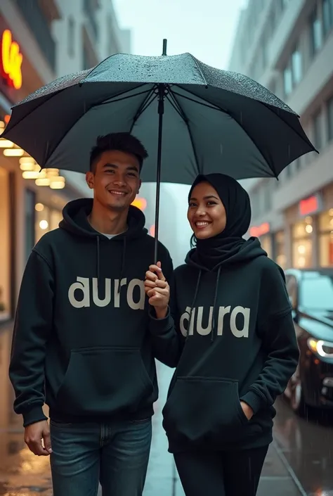 Professional photography showing a man (Handsome, Caucasian, Asian face, 20 years ), posing in front of the camera, with a woman (hijab, beautiful, Asian face, 20 years old), slightly overweight body. walking in the rain with an umbrella, with a Mall in th...