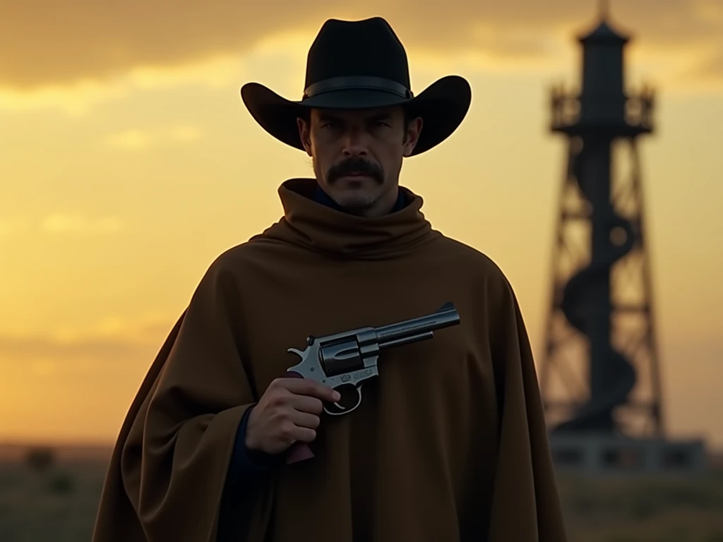 a man,  black cowboy hat , face half hidden in shadows ,  covered with a brown poncho like a layer ,  standing with one hand outside the poncho and that you can see a revolver in your hand.  In the background a twisted and dark tower of black color ,  the ...