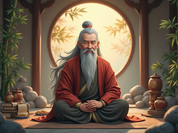  gray haired old man in his 70s ， elderly Chinese people ，Immortal Spirit，long hair ，Female Chinese medicine practitioner,TCM image， Chinese style background, 2D animation style