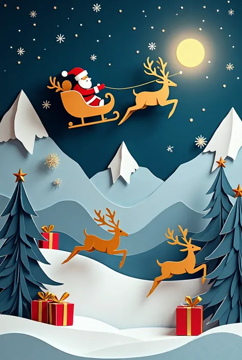 elegant Christmas card Christmas trees, reindeer, gifts, snow-covered mountain slopes, star in the sky and flying Santa Claus with a team of reindeer, gold, navy blue, white colors, paper cutout look.