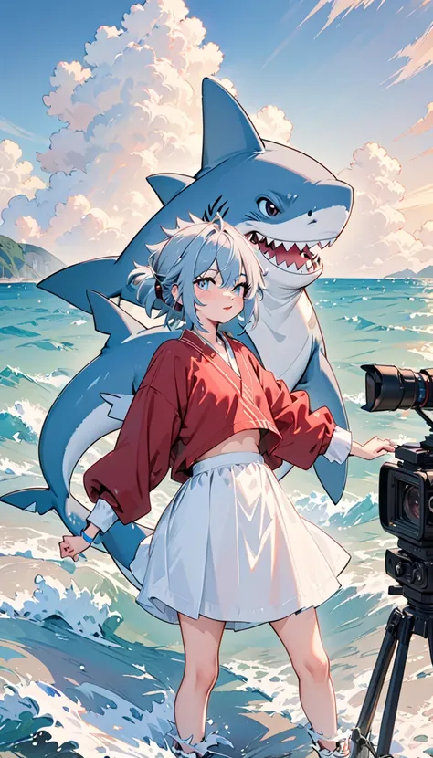 masterpiece,best quality,newest,1 shark tomgirl, tomboy, shark furry, furry, sea,movie shoot, cartoon,poster,