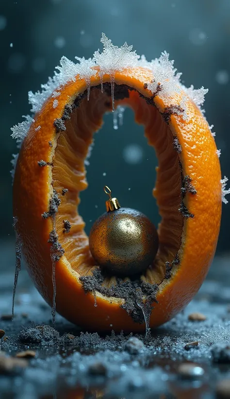 Design the letter O crafted from a rotting orange. The rind is shriveled, cracked, and peeling, revealing decaying, mushy pulp beneath. Dark mold patches and frost cling to the surface, giving the orange a cold, lifeless appearance. Sharp, jagged icicles h...