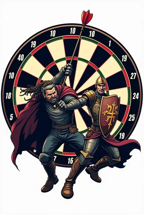 I need a logo for my darts tournament , It should look like this ,  2 warriors fight each other in front of a huge dartboard as weapons they have steel darts and as a shield a dartboard, The background should be white , Now a bit more dynamic than going to...