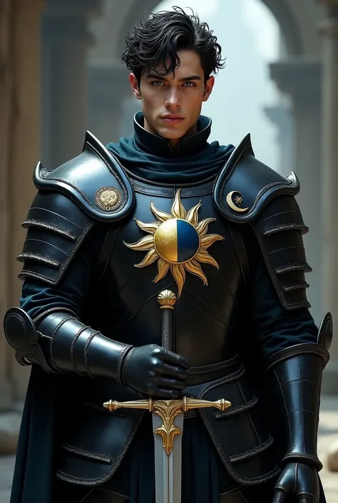 Take me a picture on the chest of a black uniformed semi-knight in armor with a sun moon emblem with a sword in his hand, about a man with dark curly hair , slim muscular physique ,  about a 25 year old man with blue eyes 