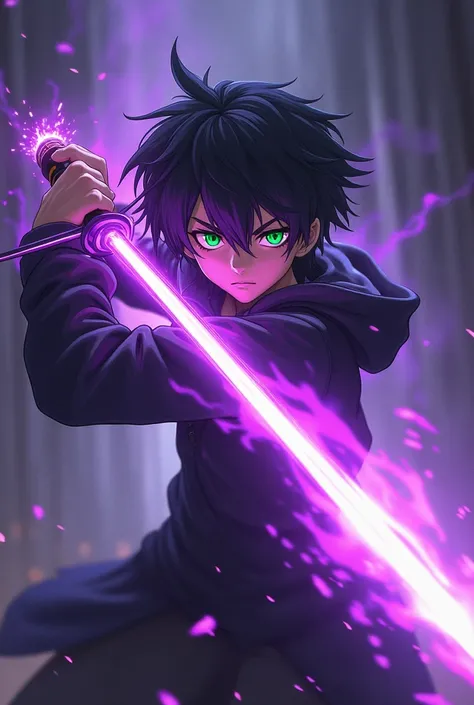 Esper, a cute, cool-haired, short-haired, green-eyed teenager, is swinging a sword that rises with purple lights, and around it there is a spark and a black dimension behind it.