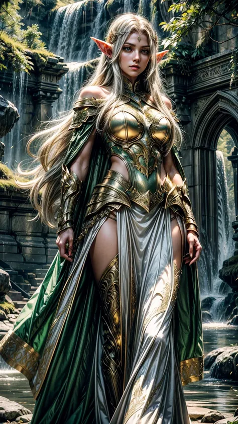 Realistic, highly detailed, cinematic. A beautiful female High Elf fighter from D&D, with long, flowing golden hair and piercing emerald eyes. She wears finely crafted silver and gold armor with intricate elven engravings, accented with elegant shoulder gu...