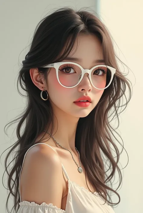 angle,a short beautiful girl with long hair white glasses