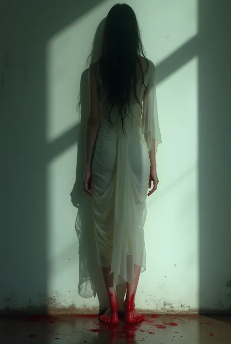 **A ghostly woman’s shadow on a wall—long hair, wearing a white sari, with blood-stained feet visible in faint light.**  