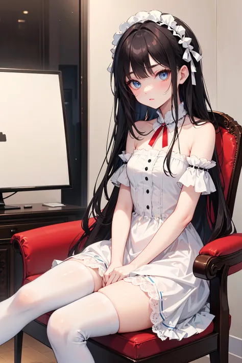  has long, dark hair ， with warm blue eyes  ，Black eyebrows、Clear and bright eyes，The lines of the facial features are soft and graceful，Cold and elegant，Refined spirit，There is no flaw at all。 The skin is white and red ，Wearing a white Lolita dress， white...