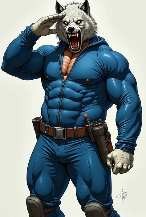 (A rugged beefy extremely muscular bulky old man), (wearing blue fullbody zipper wetsuit), (wearing realistic roaring wolf mask), saluting, wearing bulky scuba gear, very muscular physique, toned muscles, fierce, heroic, action, comic artstyle, bulky best ...