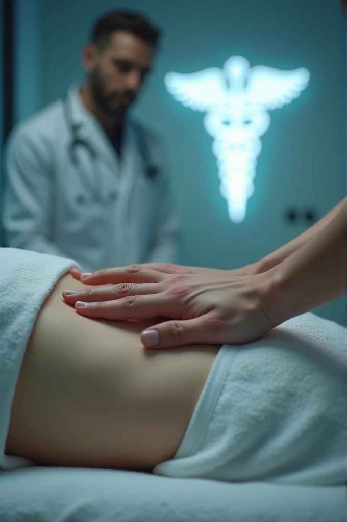 Create a dynamic image of a woman receiving a post operative massage in n a medical setting., with a caduceus in the background. Only show the hands of the massage therapist, no face