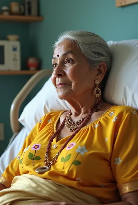 Very Old Indian lady aged 80 in hospital bed seeing a Indian item girl wearing floral yellow blouse and golden skirt and she shows cleavage, Jewelry in ears and neck and necklace length touches her boobs