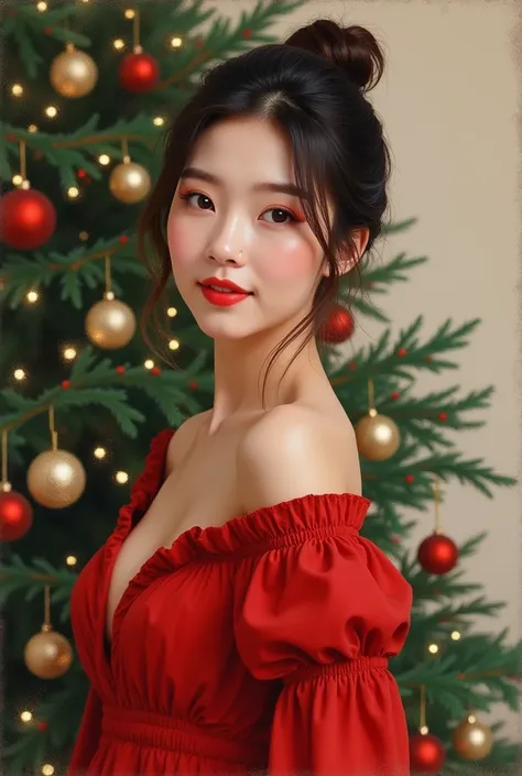 araffed asian woman in a red dress posing in front of a christmas tree, a pastel by Yang J, tumblr, realism, beautiful south korean woman, gorgeous chinese model, gorgeous young korean woman, korean girl, beautiful young korean woman, korean woman, japanes...