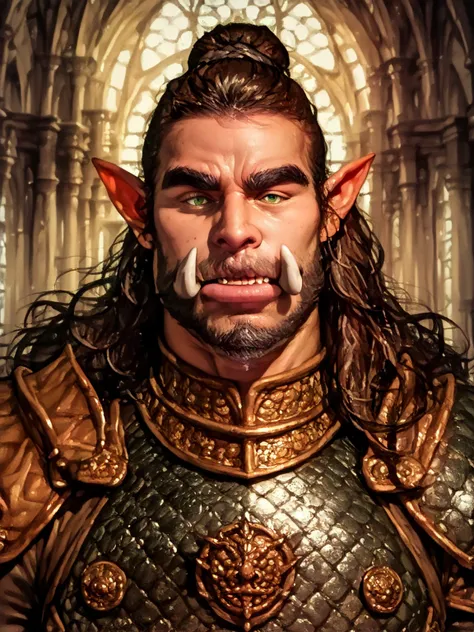 Portrait of a half-orc male warrior, front view, (medium shot:1.3), one person standing, stooped build, long messy dark brown hair and beard, thick eyebrows
BREAK
green eyes
BREAK
olive brown skin, pointed ears, (large hyper-masculine lower jaw:1.5), (larg...