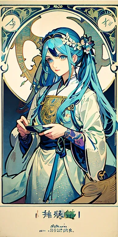 masutepiece, Superior Quality, Adult, tarot, lightblue hair、twintails hairstyle、bard, Court Fool, Symbolism, Visual Arts, occult, Universal, Vision casting, Philosophy, Iconography, Numerology, Popularity, Artistically, Alphonse Mucha