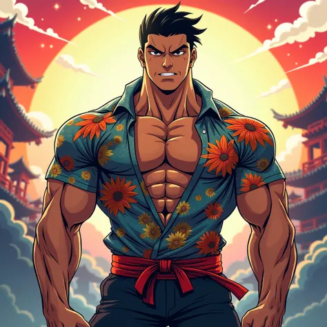 Create a male character, about , muscular, wearing an anime shirt