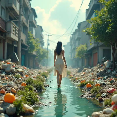 A woman standing confidently in the middle of a busy, polluted street, where heaps of plastic waste and garbage fill the scene. The street is bustling with chaos and smog, but there are no other humans around. The woman, wearing simple yet elegant attire, ...