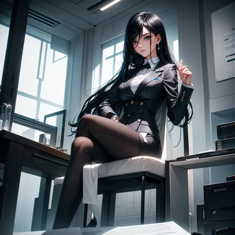 a young woman in a suit with long black hair, sitting in a chair working in a futuristic room with a modern square-shaped glass house, various documents and food on the desk, highly detailed, 8k, photorealistic, exquisite lighting, warm color tones, intric...