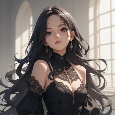 1 girl with long dark hair and dark eyes in a black dress、 perfect quality 、HD