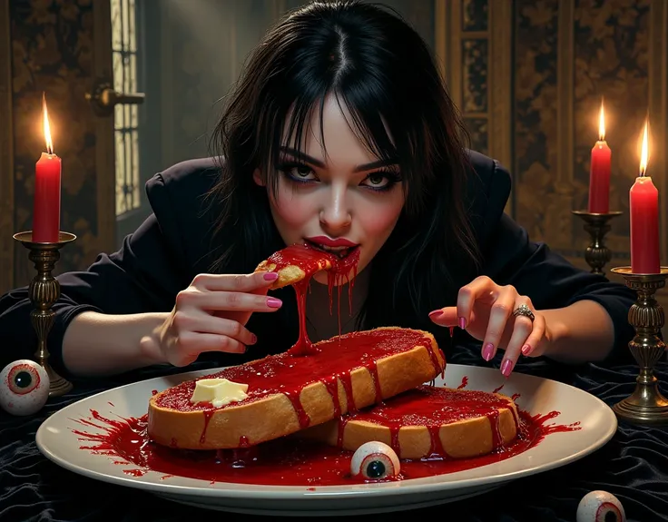 Gothic vampire girl licking tomato sauce and melted butter off a slice of bread, looking at viewer, iat the table in a  black velvet linen, stone floors, tapestries, candles, intricate, European horror movie aesthetic, fumetto style, HD, 8x, lurid vivid co...