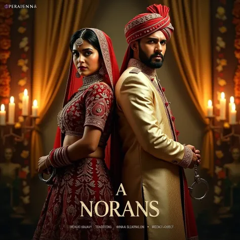 Create a cinematic movie poster of a traditional Indian wedding scene, light & dramatic undertone. The poster features a bride and groom standing back-to-back, symbolizing tension and captivity in their marriage. The bride wears a heavily embroidered red b...