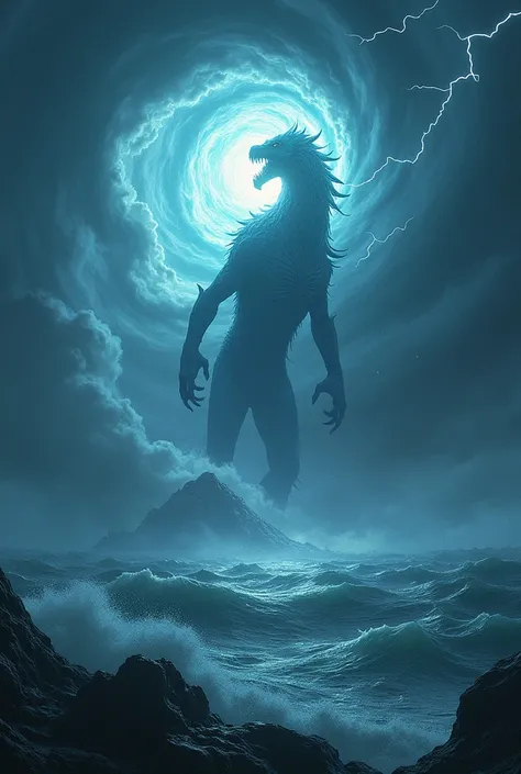 A massive hurricane ,  that forms over the ocean ,  while magical energy creates a protective barrier around a monster on the island.

