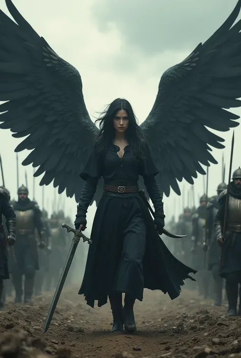 Create the image of a dark-haired angel with a sword walking towards an army of soldiers from the Middle Ages, The darkest skin color and with the most worn clothes.