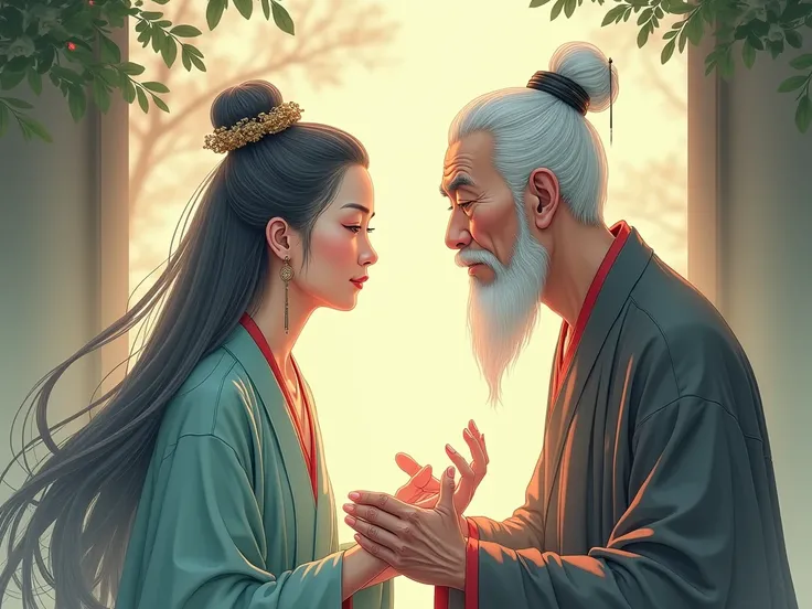 1个老woman， gray haired old man in his 70s ，woman， elderly Chinese people ，Immortal Spirit，long hair ，Female Chinese medicine practitioner,TCM image， Chinese style background, 2D animation style， exquisite finger drawing， perfect finger ，No extra fingers 