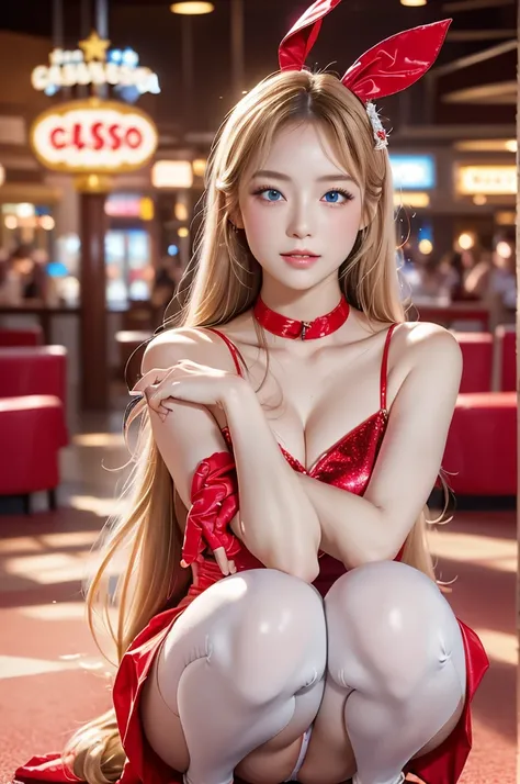 ( top quality、masterpiece、 super high resolution 、 realistic :1.4)、(( squat with legs spread:1.4))、 RAW photo、Alone、((Red Ribbon、 red bunny girl costume、 Black Gloves 、White tights:1.1))、(( blondes、 long hair))、 Glowing Skin 、 wet body、(Chest bruise:0.75)、...