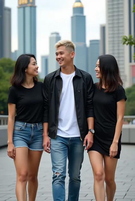 Photography of a typical Thai 25-year-old guy with short undercut blond hair smiling wearing white t-shirt black jacket black jacket jeans shoes photographed with beautiful women shoulder-length hair rather short body black t-shirt miniskirt shoes in compa...