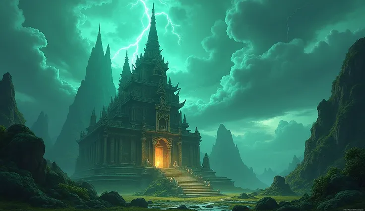 Background wallpaper ,  ancient Yapinri temple ,  jade stormy sky, magic effect 