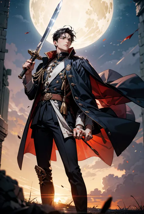  A tall black-haired guy ,  battlefield around him ,  in his hands hes holding a long sword made of darkness, and hes a wounded, также онивоадеет магией тьмыВысокое разрешение, Реалистичная анатомия, 