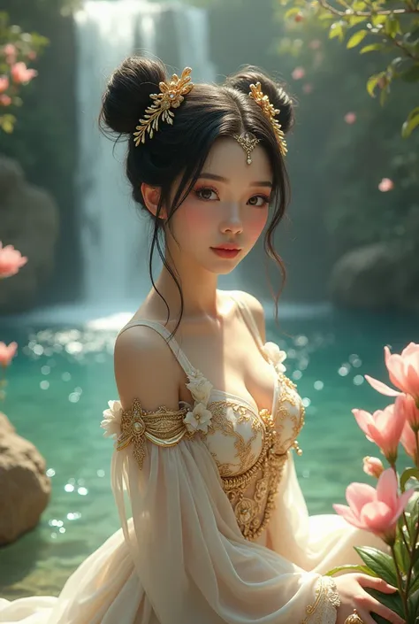 A fantasy-style female character with delicate facial features, large expressive eyes,big bobs and dark hair styled into elegant buns adorned with golden accessories. She is wearing an intricate white and gold outfit with ornate embroidery and embellishmen...