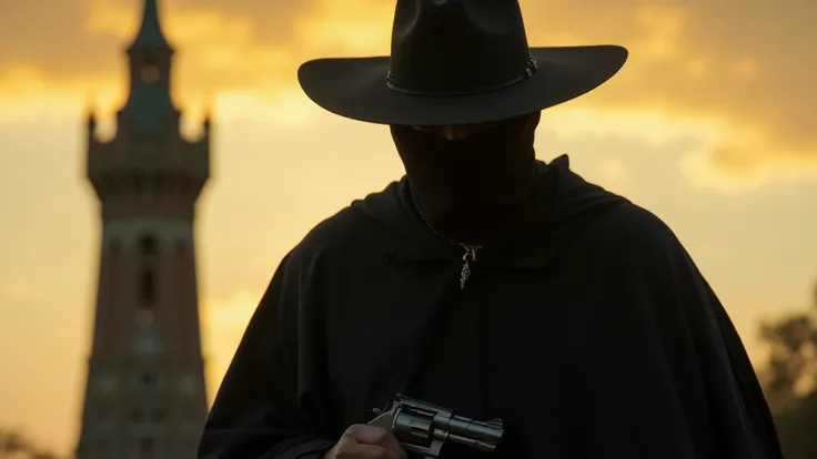 a man,  black cowboy hat , face hidden in shadows ,  covered with an black poncho like a layer, standing with one hand outside the poncho and that you can see a revolver in his hand.  In the background a nightmare and black dark tower,  the sky shines with...