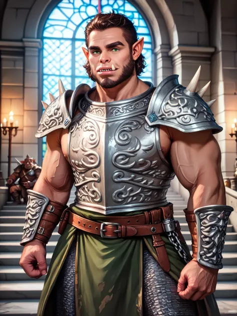 Portrait of a half-orc male warrior, front view, (medium shot:1.3), one person standing, stooped build, long messy dark brown hair and beard, thick eyebrows
BREAK
green eyes
BREAK
olive brown skin, pointed ears, (large hyper-masculine lower jaw:1.5), (larg...