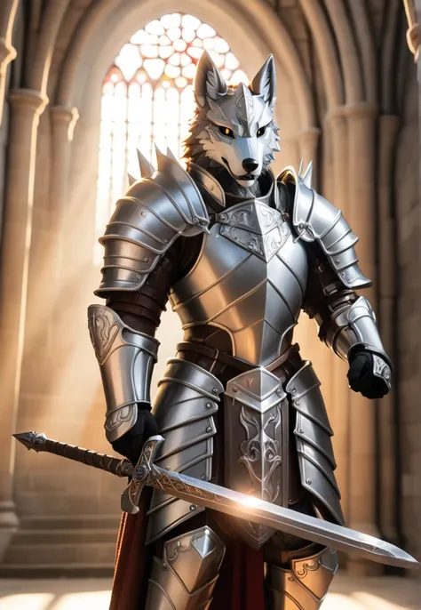 anthro wolf knight in iron armor, holding up sword, claymore, zweihander, inside cathedral, crepuscular rays, depth of field,
