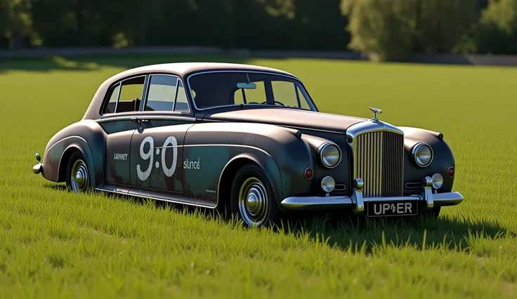 Ultra realistic photo of an full old and rusty Bentley 4½ Litre, abandoned for decades in a field in England. The car is tagged with a large ‘9_0’ on the side, clearly visible. Scene captured in  american plan with sunlight illuminating the car and surroun...