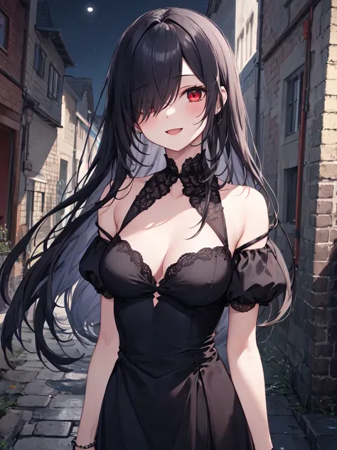  1 girl , solo,  black hair,  long hair, Hair covering one eye, Straight Hair, Beautiful breasts, medium breasts,Black Dress, long dress , red eyes, Slanted Eyes,His right eye is hidden by his hair,  opens her mouth slightly , crazy smile , standing with d...