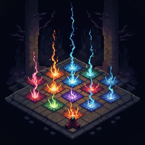 Fantasy computer game with pixel art graphic. Spell icons on tiles representing spells to cast. Pixel art style. Black background.