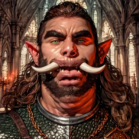 Portrait of a half-orc male warrior, front view, (medium shot:1.3), one person standing, stooped build, long messy dark brown hair and beard, thick eyebrows
BREAK
green eyes
BREAK
olive brown skin, pointed ears, (large hyper-masculine lower jaw:1.5), (larg...