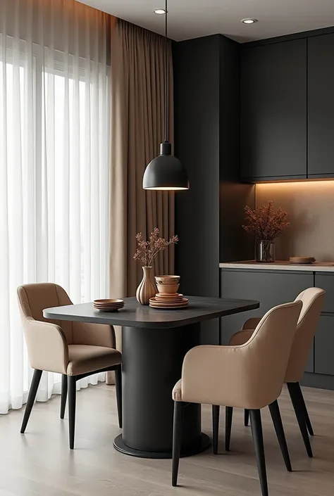 Create a picture of a black dining table dark gray table top and beige chairs in a kitchen with a dining table lamp that harmonizes and matches the table perfectly and white thin curtains gray kitchen with nut-colored and white thin curtains 