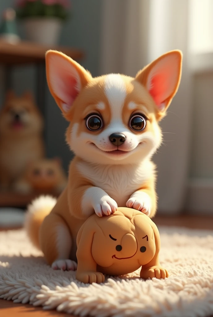 Un chihuahua qui louche, et qui joue  avec un jouet en forme de fesses de corgi