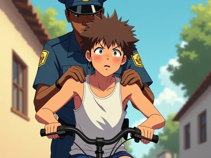 An anime-style 2D illustration in a brightly sunlit street . A  14-y boy, very sweaty, with messy brown hair, wearing a snug white tank top, sitting in his cycle, his hands positioned in the handles of the cycle and seems to be lost.. The boy’s shoulders a...