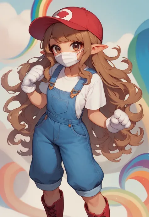 A cute cool pudgy girl with Carmel brown skin long rainbow hair locks white cat face mask wearing long rainbow shirt blue overalls red boots and small white paw gloves brown hazel eyes wearing red hat with ears on it with rainbow bangs and black eye shadow...